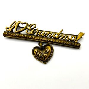 Jonette JJ "I Love Grandma!" Antiqued Brass Bar Heart Charm Dangle Pin Brooch